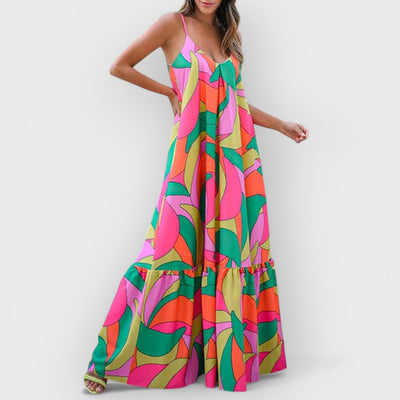 Summer French Deep V-Neck Backless Halter Printed Dresses