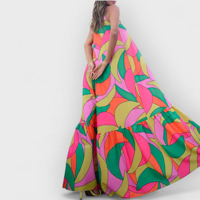 Summer French Deep V-Neck Backless Halter Printed Dresses