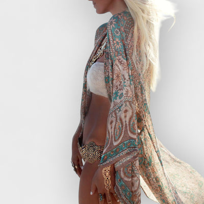 Boho Floral  Pattern Open Front Chiffon  Maxi Cover Up