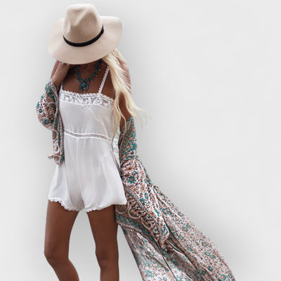Boho Floral  Pattern Open Front Chiffon  Maxi Cover Up