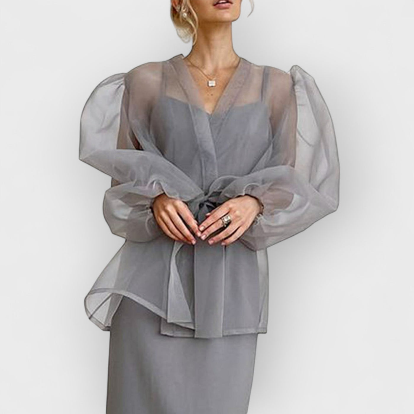 Sheer Sexy Top V Neck Long Puff Sleeves Bow Tie Chic Blouse