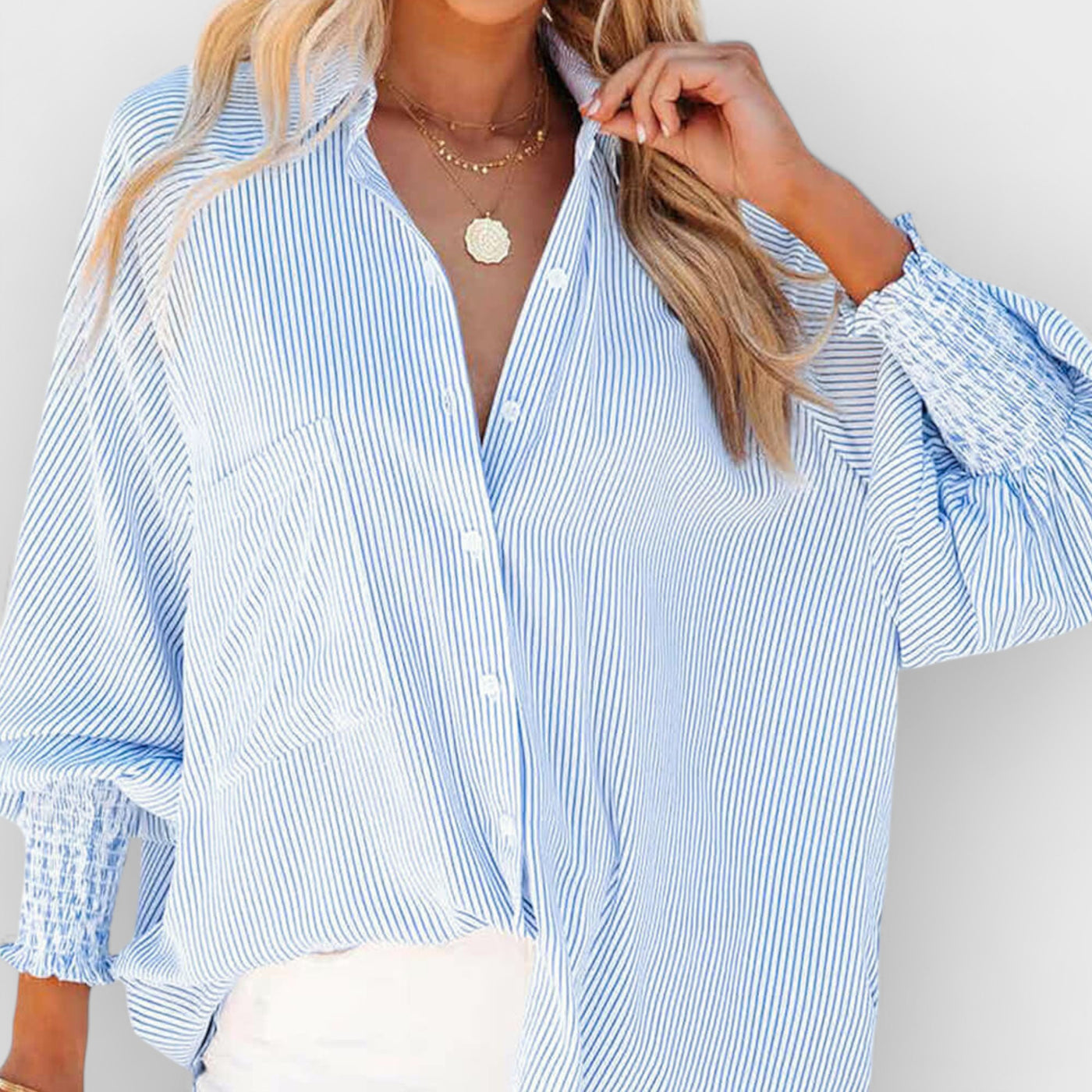 Sky Blue Smocked Cuffed Striped Boyfriend Shirt with Pocket