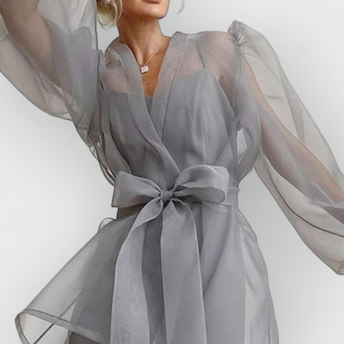 Sheer Sexy Top V Neck Long Puff Sleeves Bow Tie Chic Blouse