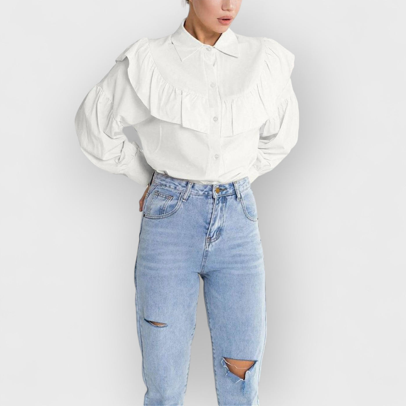 Ruffled Women Shirt Solid Slim Office Lady Frill Shirt