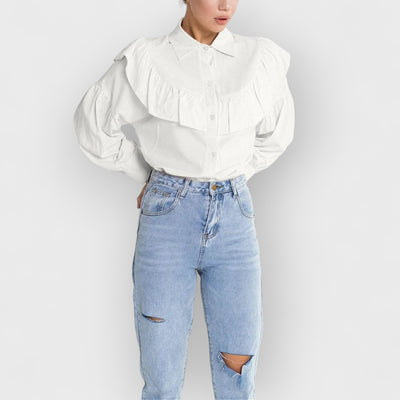 Ruffled Women Shirt Solid Slim Office Lady Frill Shirt