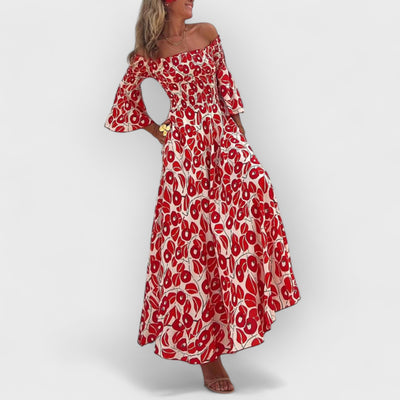 Floral Print Smocked Off Shoulder Pocketed Maxi Dress