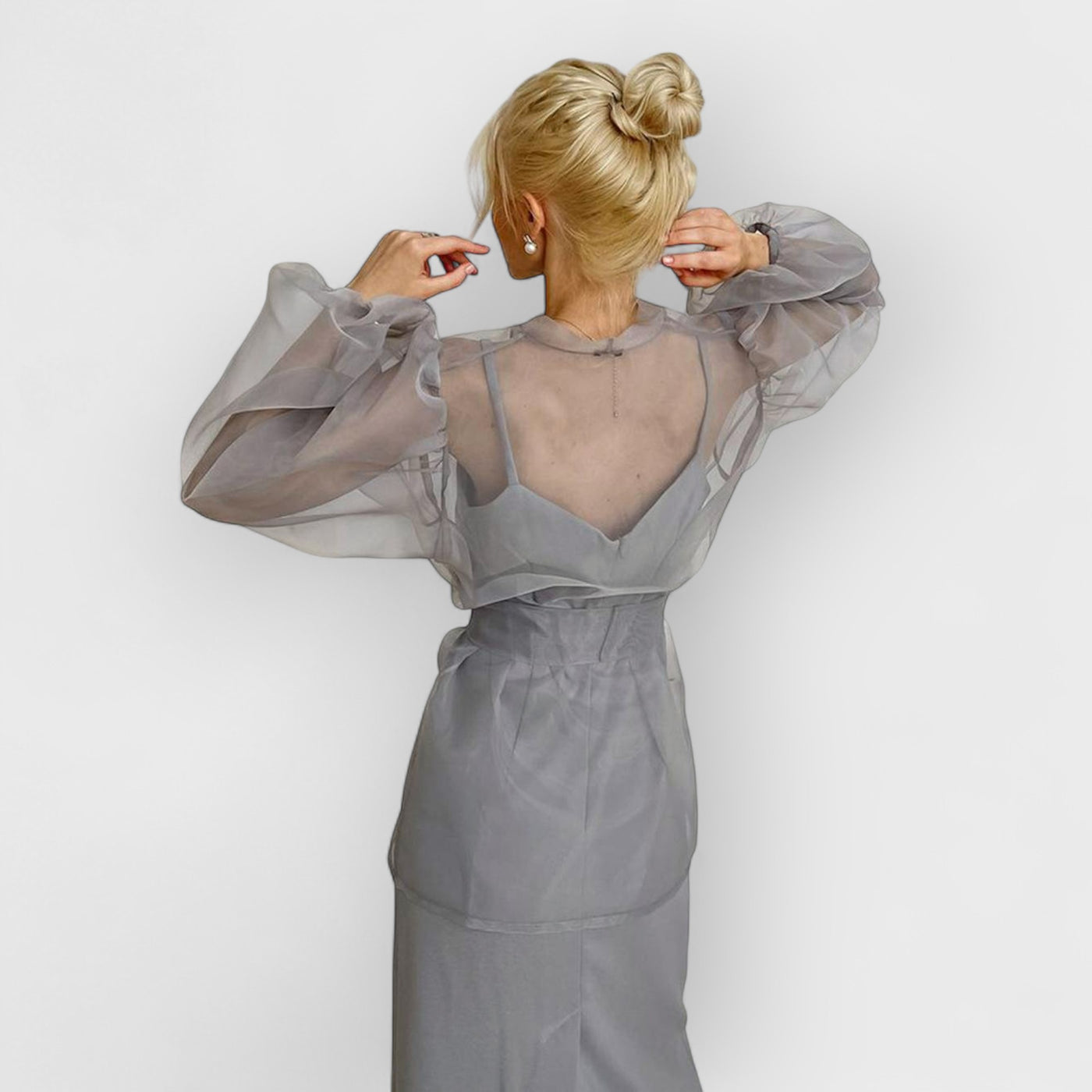 Sheer Sexy Top V Neck Long Puff Sleeves Bow Tie Chic Blouse