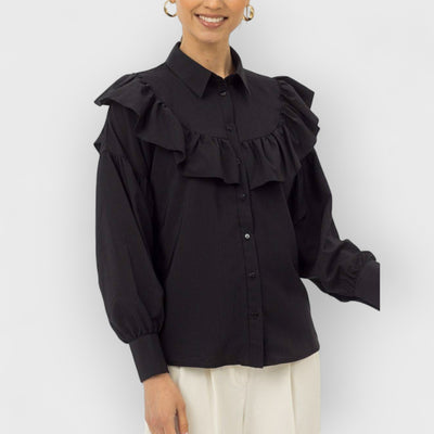 Ruffled Women Shirt Solid Slim Office Lady Frill Shirt
