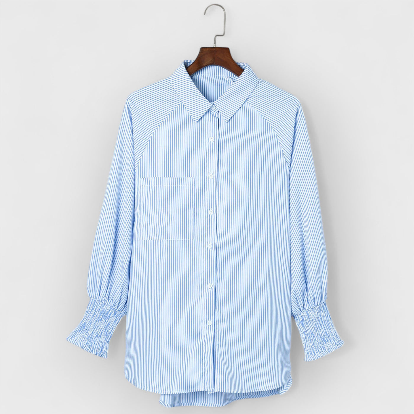 Sky Blue Smocked Cuffed Striped Boyfriend Shirt with Pocket