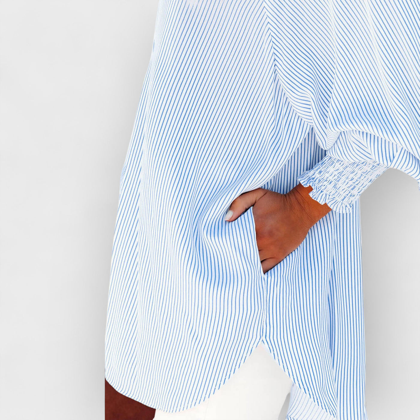 Sky Blue Smocked Cuffed Striped Boyfriend Shirt with Pocket
