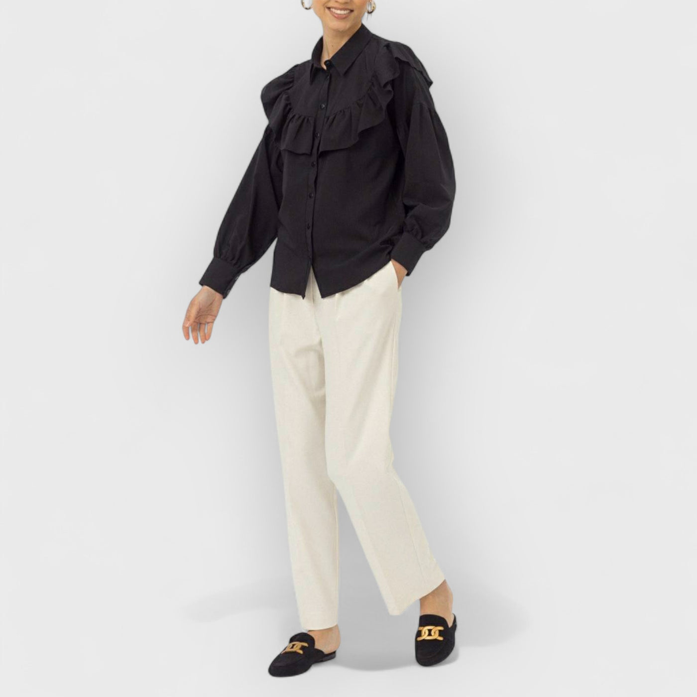 Ruffled Women Shirt Solid Slim Office Lady Frill Shirt