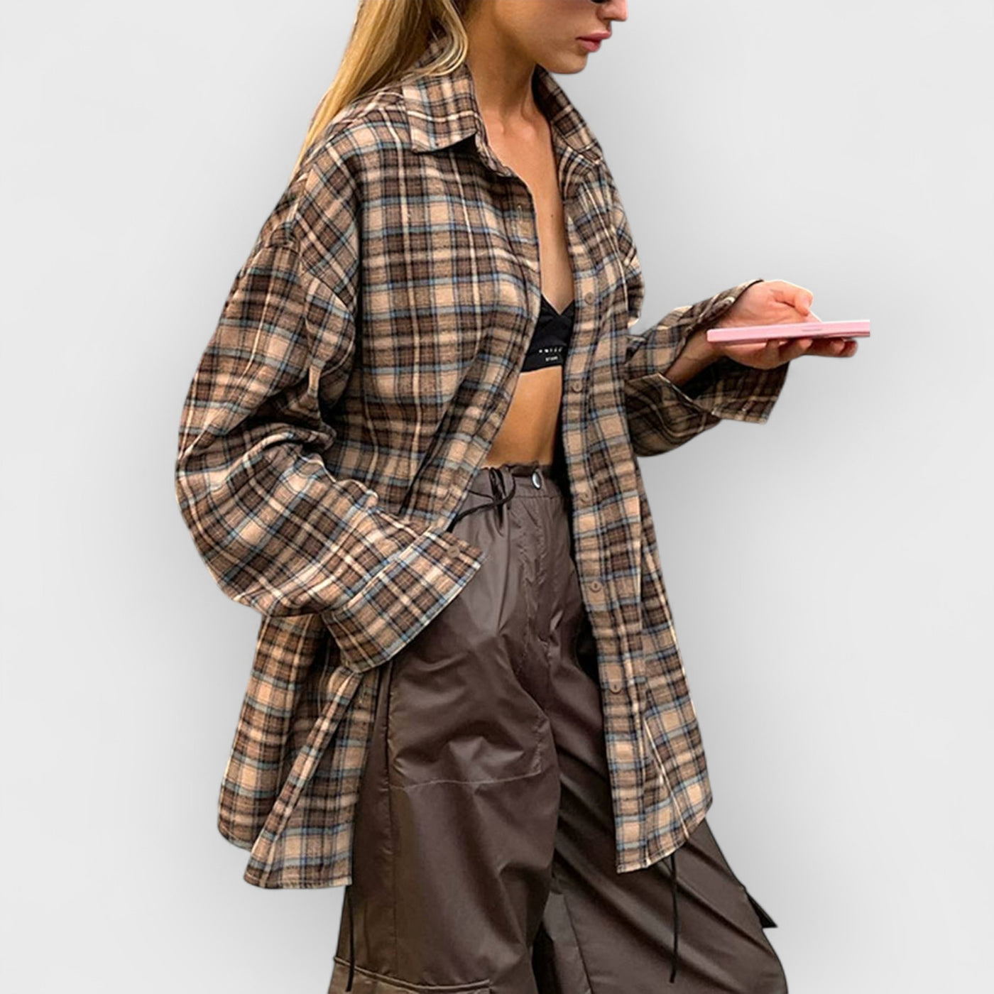 Vintage Plaid Shirts Women Loose Gingham Female Blouse Autumn