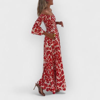 Floral Print Smocked Off Shoulder Pocketed Maxi Dress