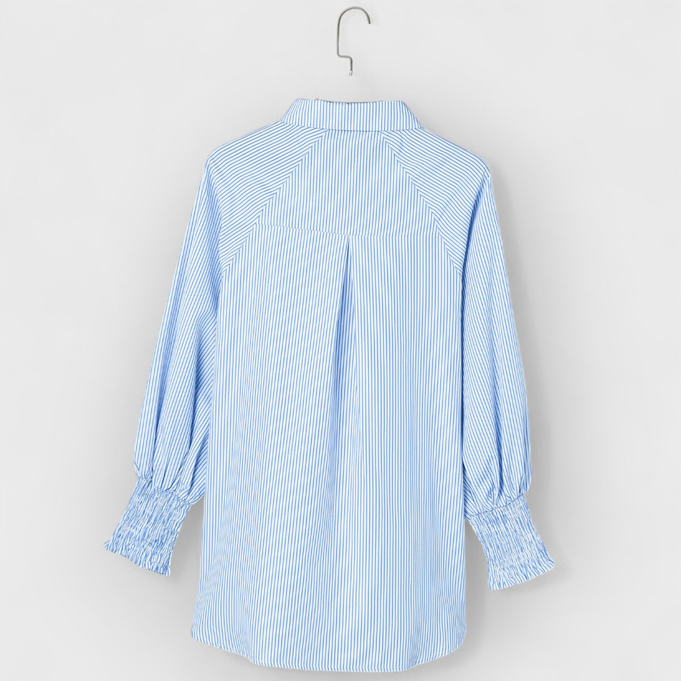 Sky Blue Smocked Cuffed Striped Boyfriend Shirt with Pocket