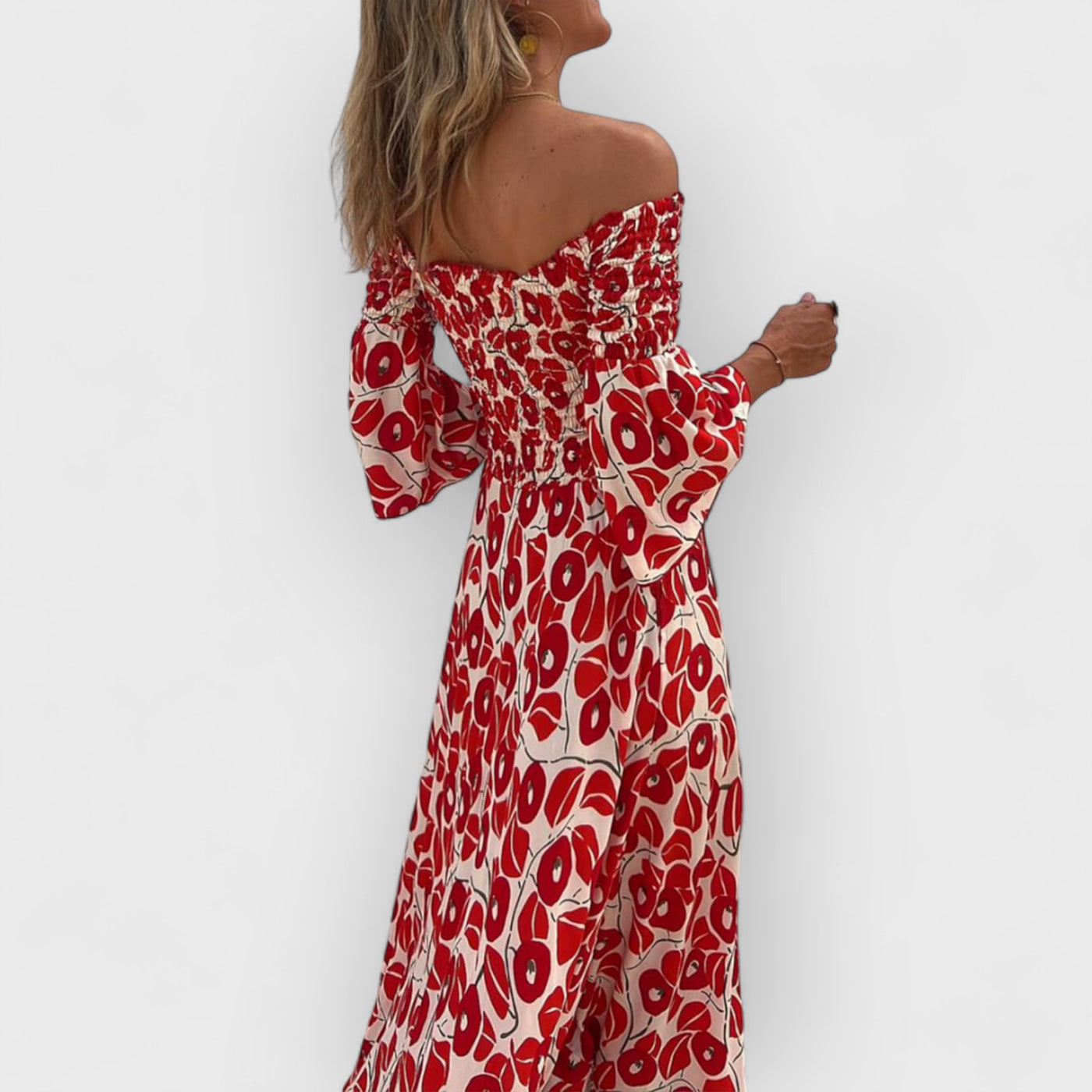 Floral Print Smocked Off Shoulder Pocketed Maxi Dress