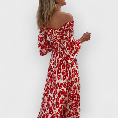 Floral Print Smocked Off Shoulder Pocketed Maxi Dress