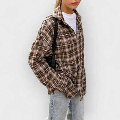 Vintage Plaid Shirts Women Loose Gingham Female Blouse Autumn