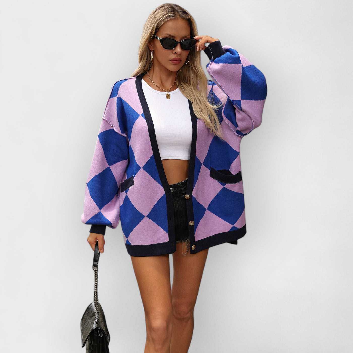 V-neck Diamond Check Patchwork Loose Knit Cardigan