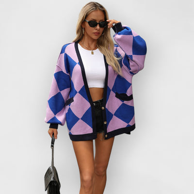 V-neck Diamond Check Patchwork Loose Knit Cardigan