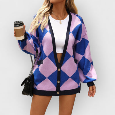 V-neck Diamond Check Patchwork Loose Knit Cardigan
