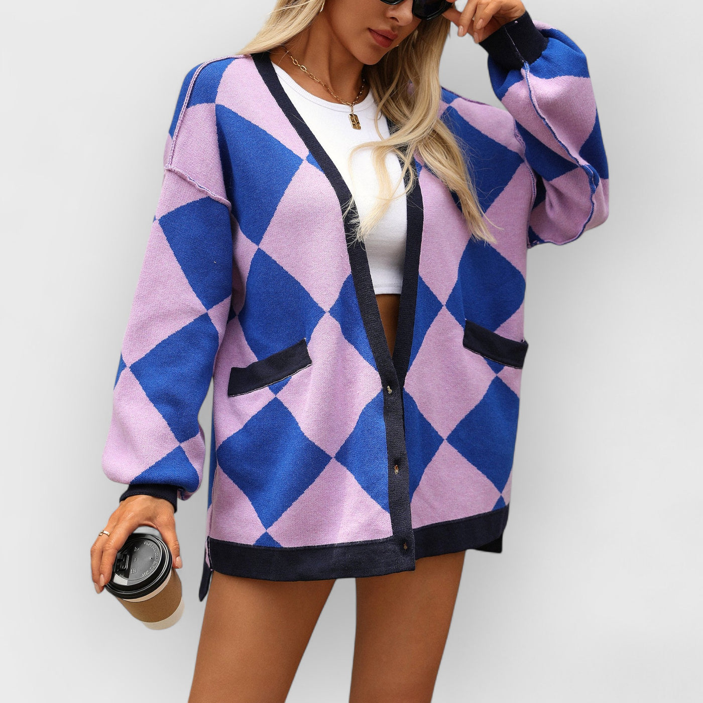 V-neck Diamond Check Patchwork Loose Knit Cardigan