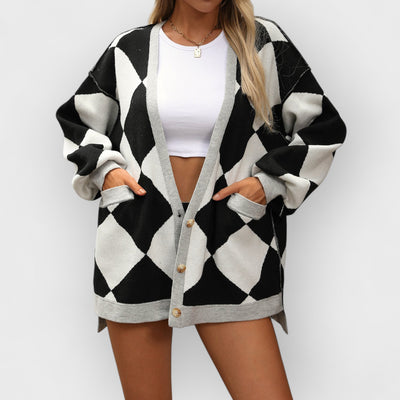 V-neck Diamond Check Patchwork Loose Knit Cardigan