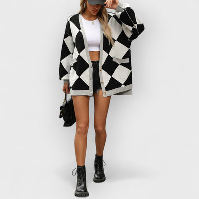 V-neck Diamond Check Patchwork Loose Knit Cardigan