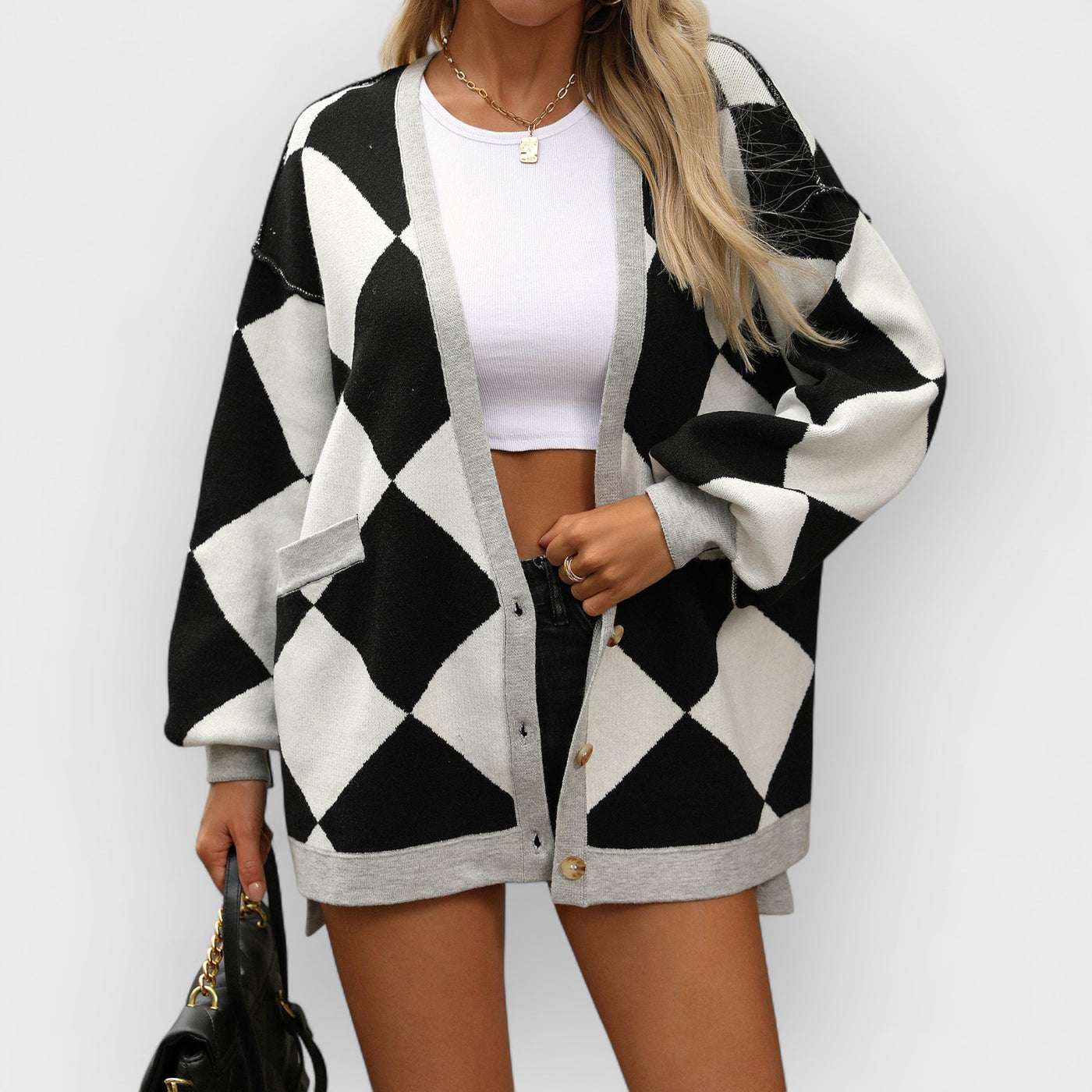V-neck Diamond Check Patchwork Loose Knit Cardigan