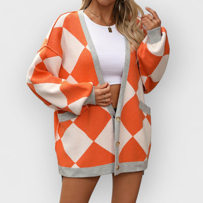 V-neck Diamond Check Patchwork Loose Knit Cardigan