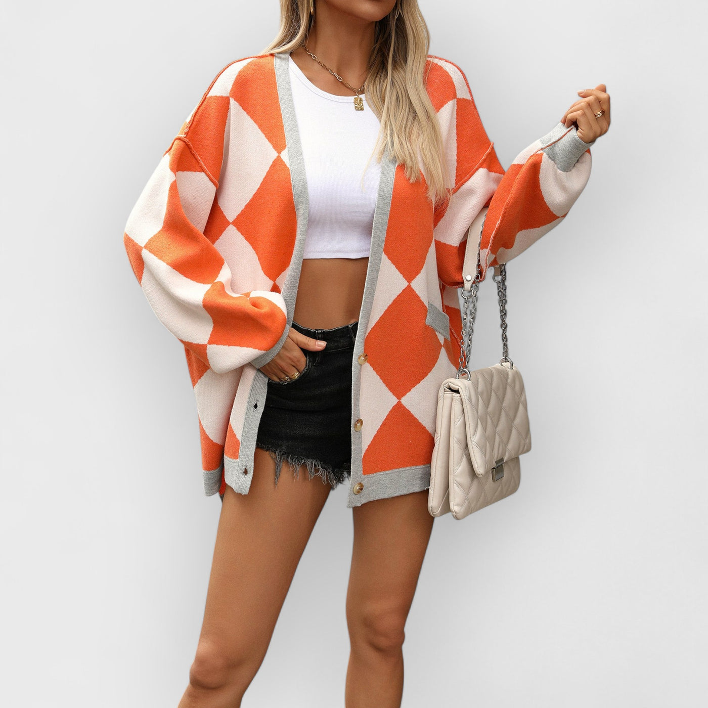 V-neck Diamond Check Patchwork Loose Knit Cardigan
