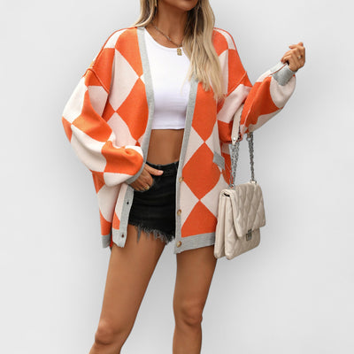 V-neck Diamond Check Patchwork Loose Knit Cardigan