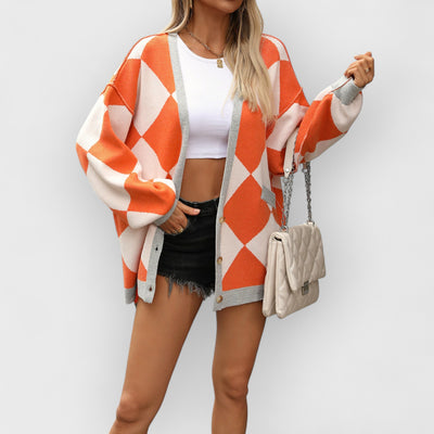 V-neck Diamond Check Patchwork Loose Knit Cardigan