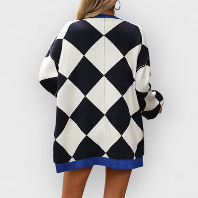 V-neck Diamond Check Patchwork Loose Knit Cardigan