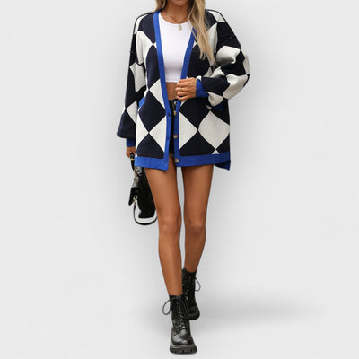 V-neck Diamond Check Patchwork Loose Knit Cardigan