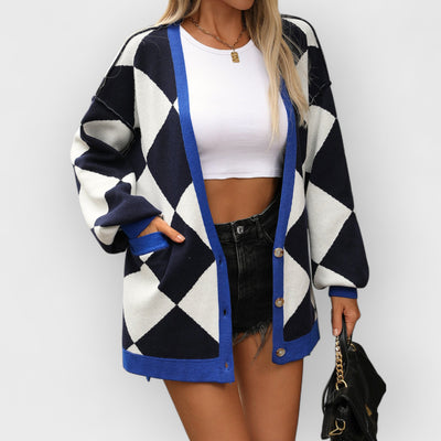 V-neck Diamond Check Patchwork Loose Knit Cardigan