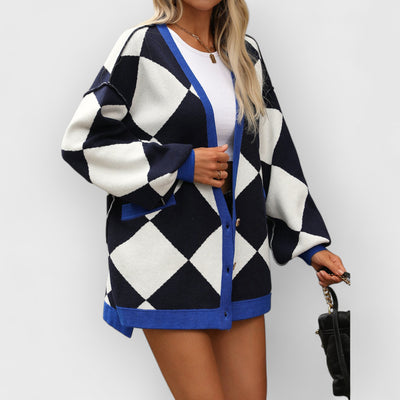 V-neck Diamond Check Patchwork Loose Knit Cardigan