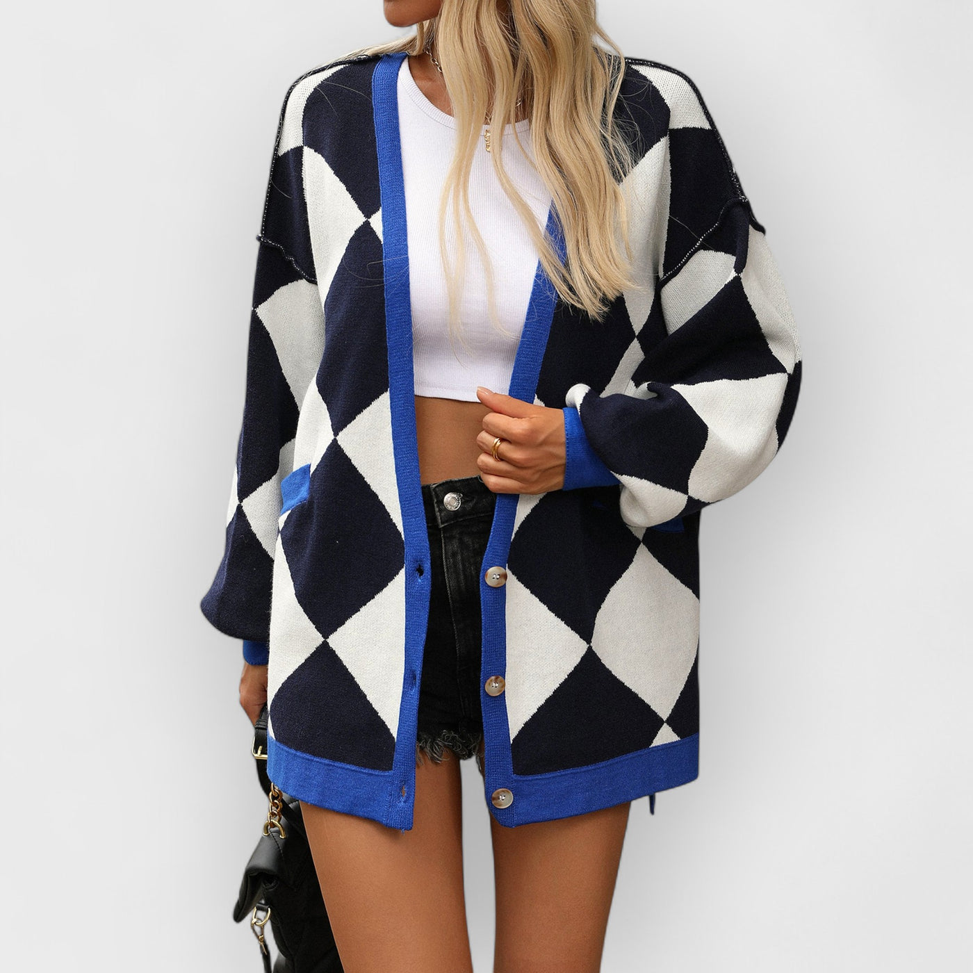 V-neck Diamond Check Patchwork Loose Knit Cardigan