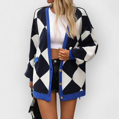 V-neck Diamond Check Patchwork Loose Knit Cardigan