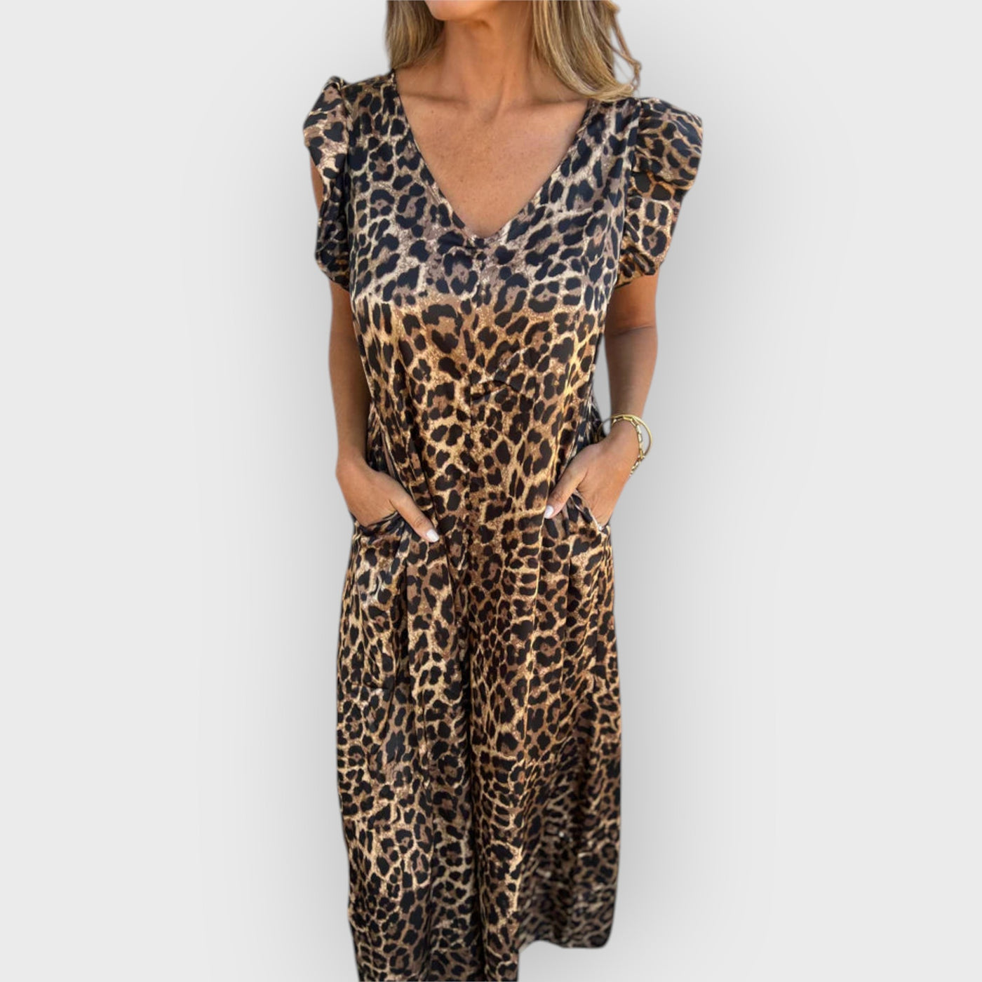 Leopard Print V-Neck Jumpsuit With Front Pockets