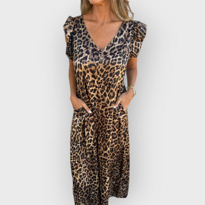 Leopard Print V-Neck Jumpsuit With Front Pockets