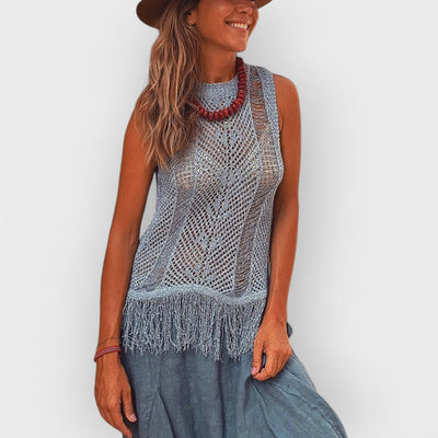 Thar Desert Sleeveless Tassel Knit Top