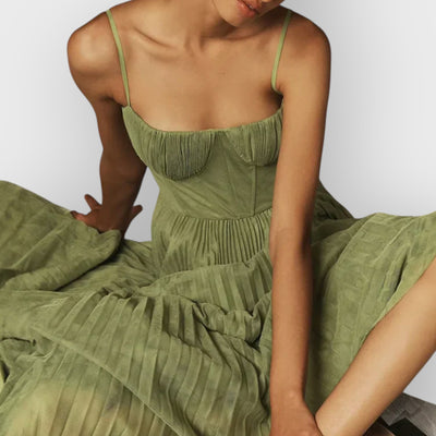 Bustier Pleated Tulle Fit & Flare Midi Dress