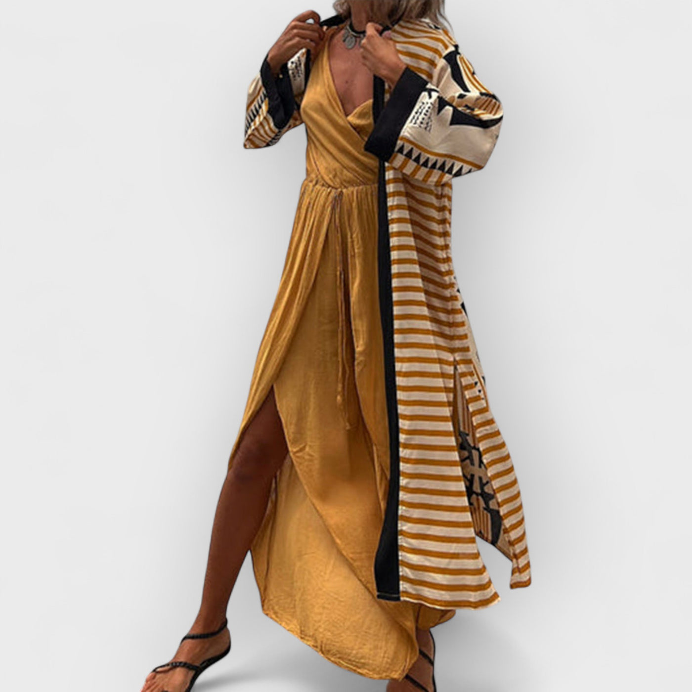 Retro Geometric Ethnic Print Open Front Slit Duster Kimono
