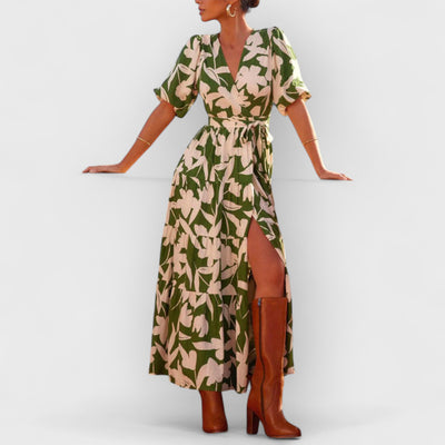 V-Neck Short-Sleeved Slit Printed Maxi Dress