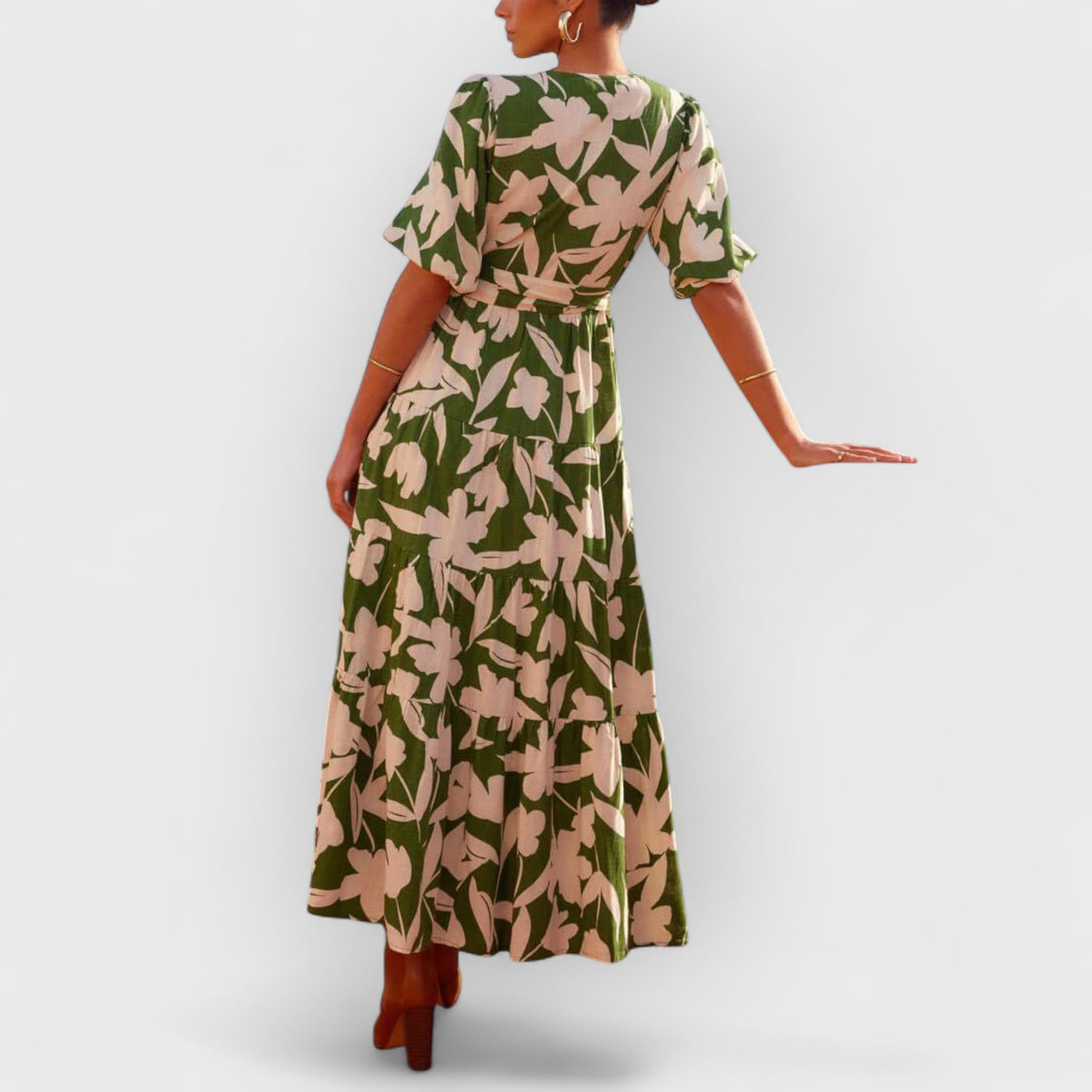 V-Neck Short-Sleeved Slit Printed Maxi Dress