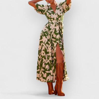 V-Neck Short-Sleeved Slit Printed Maxi Dress
