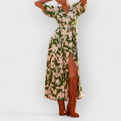 V-Neck Short-Sleeved Slit Printed Maxi Dress