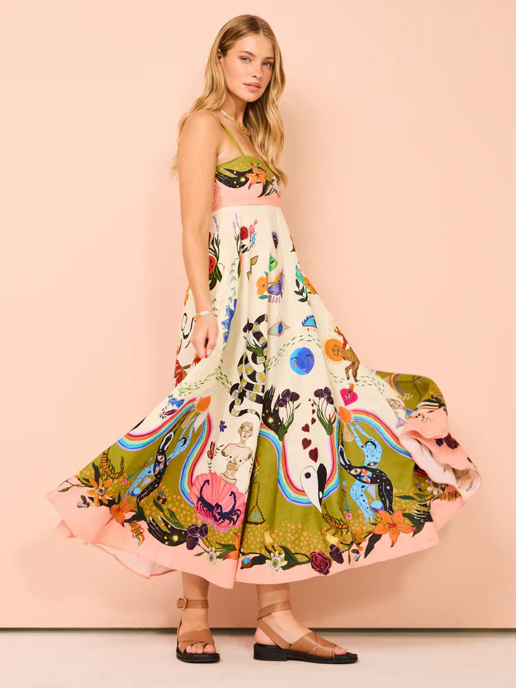 Unique Holiday Print Halter Back Pocket Maxi Dress