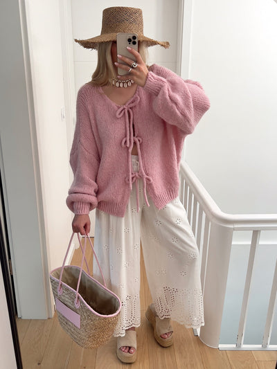 Solid Color Crew Neck Lace-Up Cardigan