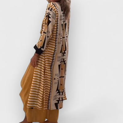 Retro Geometric Ethnic Print Open Front Slit Duster Kimono